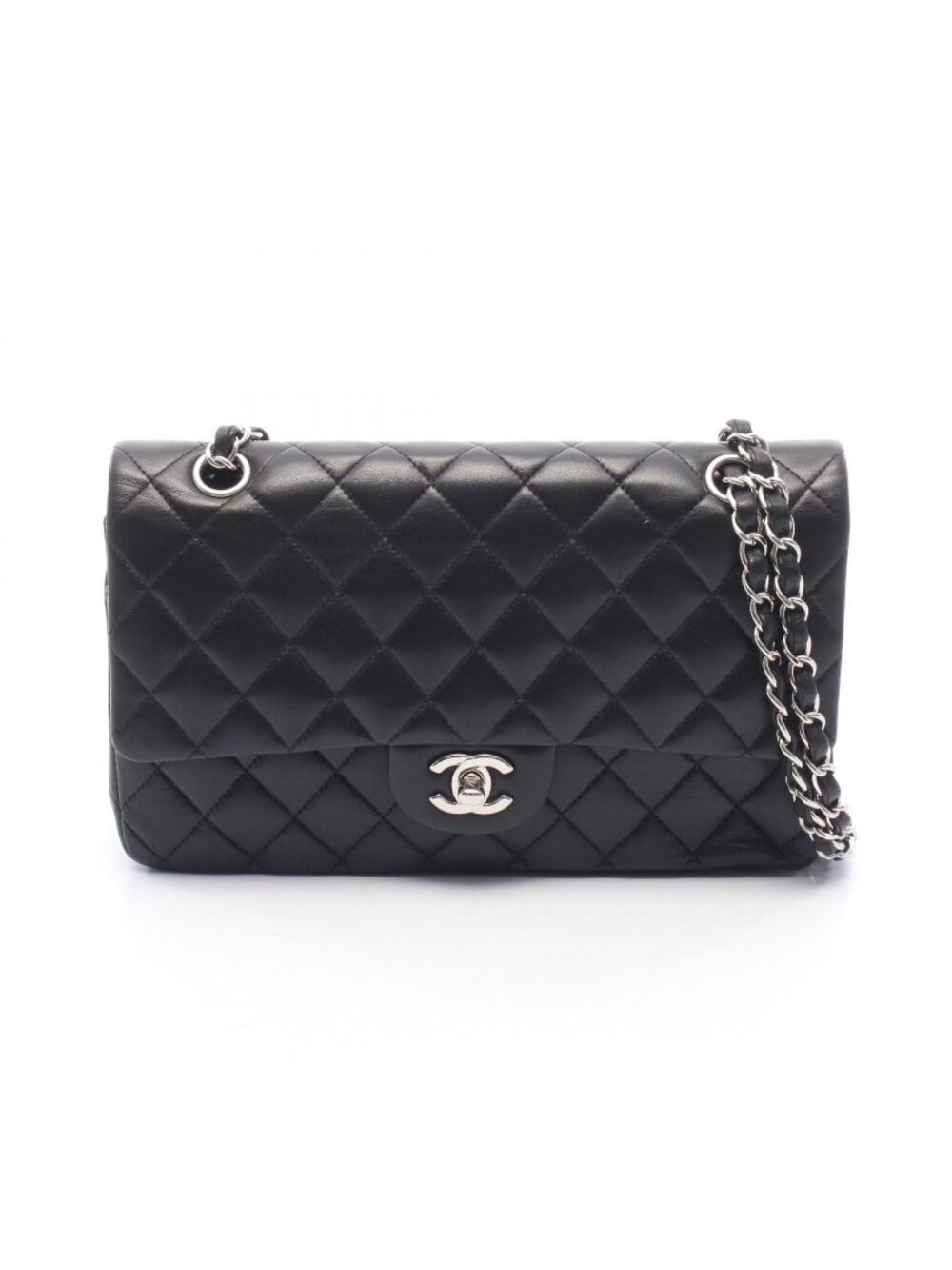 Chanel Shoulder Bag Quilted Double Flap Black Lambskin Chain